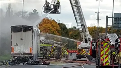 Lorry fire on the A453 southbound, between the A52 near Wilford and the M1 at junction 24 near Kegworth, in Nottinghamshire