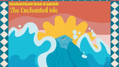 RYAN MORRISON An artwork of Manannan, a giant man with long blonde hair. One eye is peaking above crashing waves at sunrise.