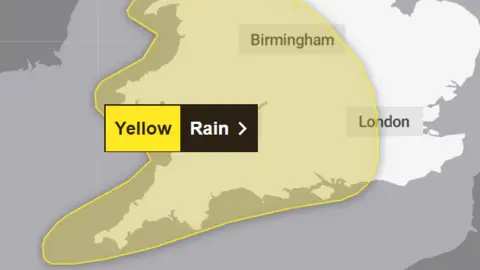 Met Office A yellow highlighted area covers much of southern England and Wales in a graphic map of the UK. A black and yellow box reads "yellow, rain".