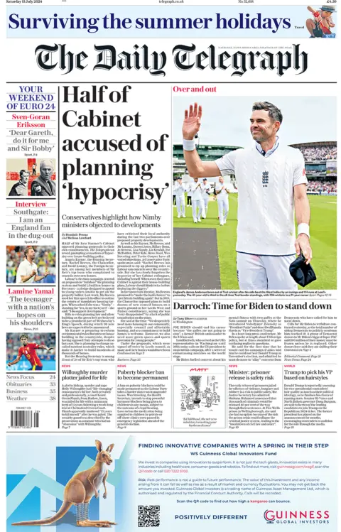 The main headline on the front page of the Daily Telegraph reads: "Half of cabinet accused of planning 'hypocrisy'"