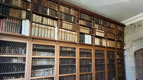 More library shelves from floor to ceiling - large leather-bound traditional-looking volumes are on them. The bottom half have doors in front with metal screens across them.