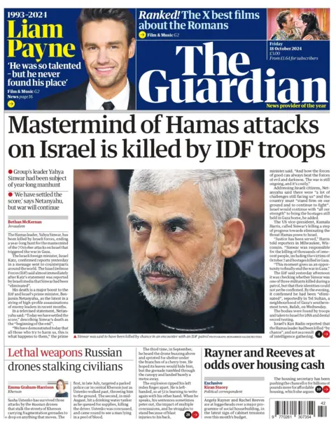 The Guardian front page, headlined with 