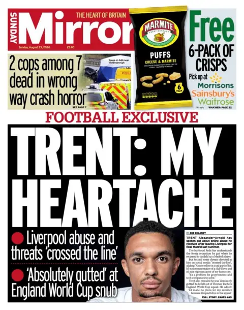 "Trent: My heartache" reads the headline on the front page of the Sunday Mirror.