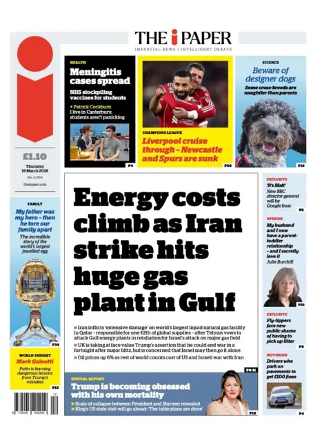 The headline on the front page of the i Paper reads: "Energy costs climb as Iran strike hits huge gas plant in Gulf."