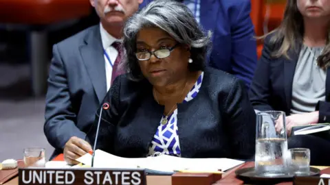 Reuters The US Ambassador to the UN, Linda Thomas-Greenfield, speaks at a Security Council in New York City. Photo: 13 August 2024