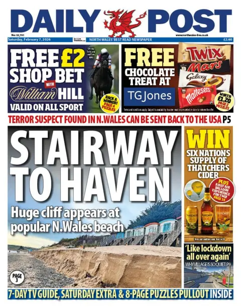 Daily Post Front page of Daily Post shows main headline "Stairway to Haven" next to a wide image of a beach with individuals stairs leading to beach cottages on. The subhead line reads: "Huge cliff appears at N.Wales beach". Other headlines read: "Terror suspect found in N.Wales can be sent back to the USA", "'Like lockdown all over again'". 