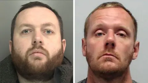 Two police mugshots show Ross McGinn, who has brown hair and a brown beard, and Andrew Roberts, who has ginger hair and facial hair. Both look into the camera with blank expressions.