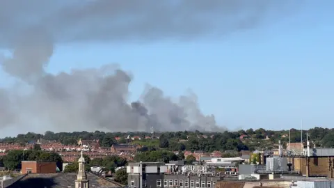 Smoke rises from scene of fire on Mousehold Heath in Norwich