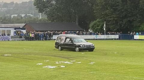 The hearse abandoned on the pitch in Gateshead
