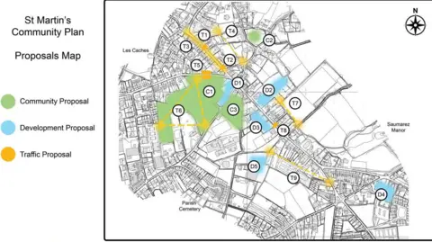 The Community Plan for St Martin A black and white map of St Martin showing areas considered for improvement.
