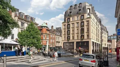 An artist's rendition of the what the old Cathedral Square offices on the Bigg Market would look like. A seven-storey white building is at one end of a plaza lined with restaurants, shops and venues.