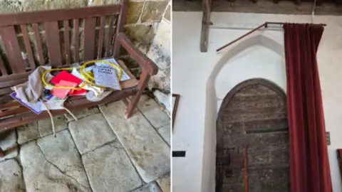 St Helen's Church Composite image showing notices discarded outside on a bench and damage to a curtain rail over a door.