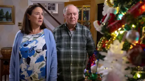 A still from the TV show of Beth (Arabella Weir), and Eric (Alex Norton), looking at their Christmas tree in their lounge with concerned looks on their faces. Beth is in a bpale blue cardigan and floral top and Eris is in a green checked shirt. 