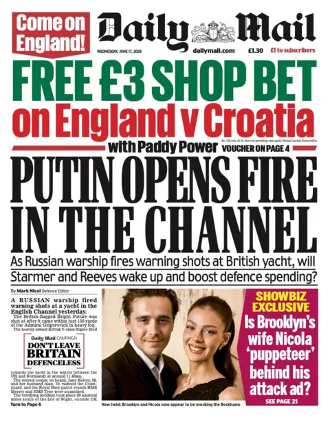 The headline on the front page of the Daily Mail reads: "Putin opens fire in the channel".