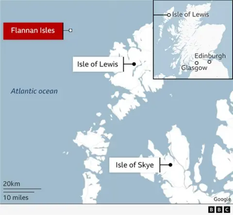 A map of Scotland showing the locations of the Flannan Isles and Lewis.