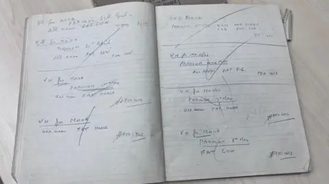 An old notebook is open showing two pages of notes written in pencil, sectioned off for different dates and large ticks or lines crossing out the information to indicate it has been shared