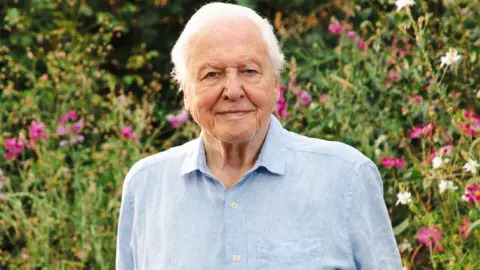 Sir David Attenborough standing in a garden with flowers in the background