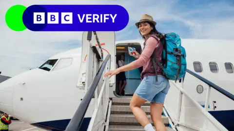 Getty Images A smiling woman in shorts and a straw hat climbing the stairs to get onto an aeroplane. The BBC Verify logo is in the top left corner. 