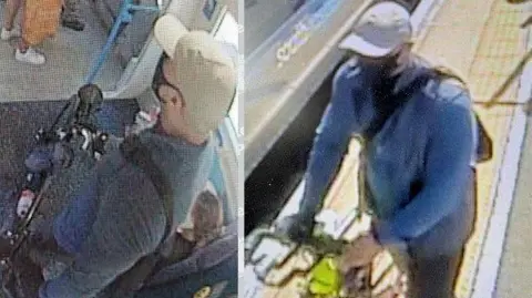 Kent Police Grainy CCTV footage caught at a train station shows a man with a cap, black face mask and blue jumper boarding a train.