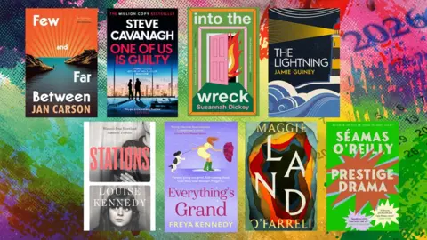 BBC Collage of book covers of Few and Far Between by Jan Carson, One Of Us Is Guilty by Steve Cavanagh, Into The Wreck by Susannah Dickey, The Lightning by Jamie Guiney, Stations by Louise Kennedy, Everything's Grand by Freya Kennedy, Land by Maggie O'Farrell and Prestige Drama by Séamas O'Reilly.
