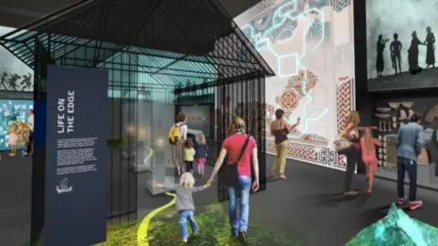 METAPHOR Architect's artist's impression of the new collections room at Hereford Museum. The image shows families looking at displays.