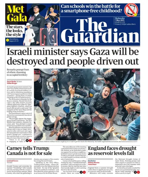 The headline on the front page of The Guardian reads: "Israeli minister says Gaza will be destroyed and people driven out"