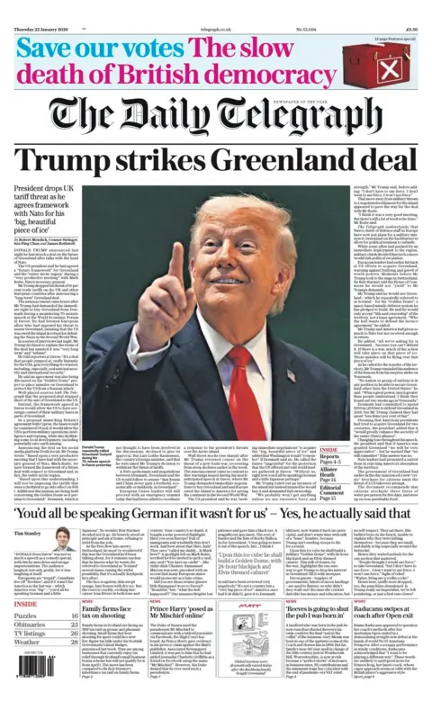 The headline on the front page of the Daily Telegraph reads: "Trump strikes Greenland deal."