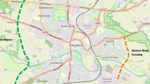 Herefordshire Council An image showing where the bypass route will go. 