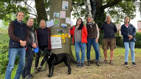 George Carden / BBC Protesters standing around the oak tree in Cowfold. They have put up posters on the tree too