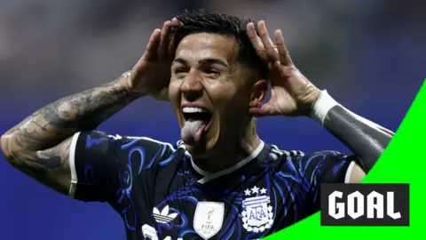Enzo Fernandez sticks his tongue out to celebrate scoring for Argentina in the 2026 World Cup.