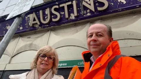 Standing in front of the Austins building in Londonderry, are  Helen Quigley from the Inner City Trust and Conservation architect Karl Pedersen