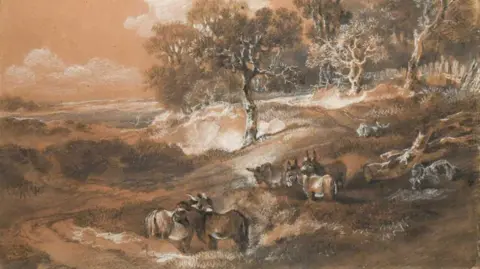 A chalk drawing of donkeys and pigs in a Suffolk coastal landscape.