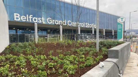 Large glass and metal building with the words "Belfast Grand Central Station" above the door. In the foreground a plant bed with some small plants in it.