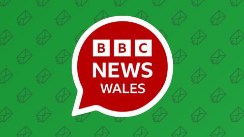 A graphic showing BBC Wales News logo within a speech bubble against a green background with small envelope graphics