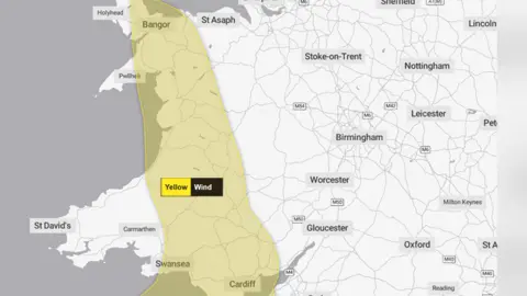 Met Office Weather map shows a swathe of Wales that could be affected by strong wind gusts from Anglesey in the north to Swansea and Cardiff in the south