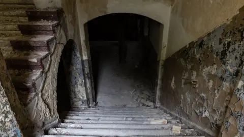 Getty Images A view of stone steps descending into a dark basement. The walls have mould and peeling paint. Rubble is scattered on the floor.