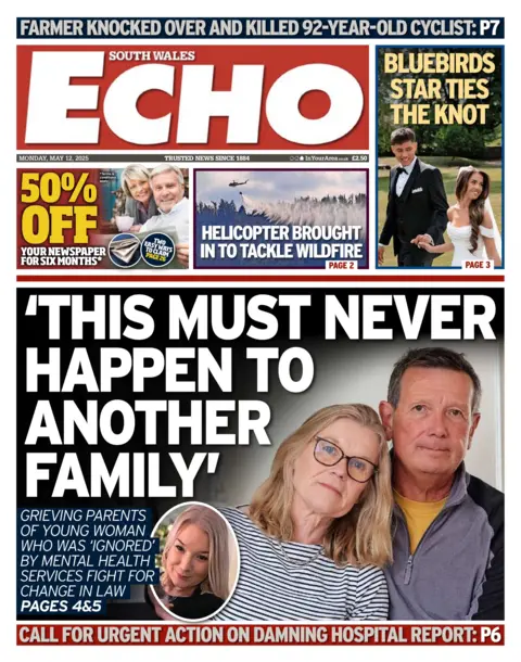 South Wales Echo Front page of the South Wales Echo newspaper with the splash headline: 'This must never happen to another family'. Above that is a 50% off coupon for newspaper subscriptions and two boxes with the headlines "helicopter brought in to tackle wildfire" and "Bluebirds star ties the knot".