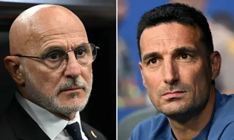 A split picture of Spain boss Luis de la Fuente and Argentina manager Lionel Scaloni