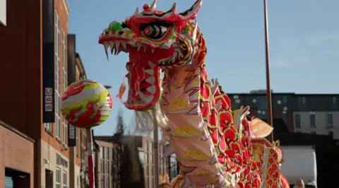Chinese dragon puppet on display in Leicester