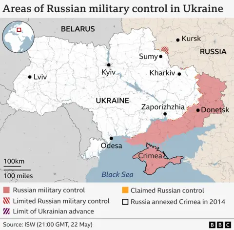 . Map showing areas of Ukraine under Russian military control. The map includes the location of Sumy region in Ukraine's north east, on the opposite side of the border to Russia's Kursk region.