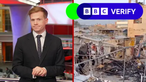 A composite image pinch a BBC Verify presenter connected nan near side, and an image of demolition successful Gaza connected nan right. There is besides nan BBC Verify logo, which is greenish and blue, pinch achromatic writing, connected nan right-hand broadside of nan screen.