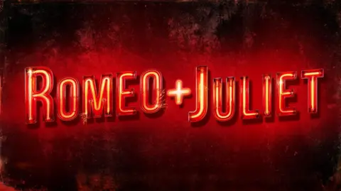 New Vic Theatre A red and black styled graphic which says Romeo and Juliet.