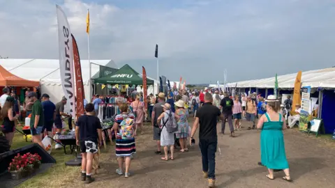 People in summer dress wander around the show's stalls