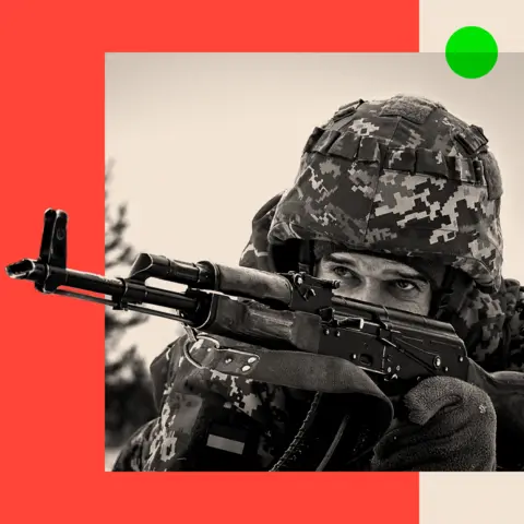 BBC A Ukrainian serviceman practices with an assault rifle