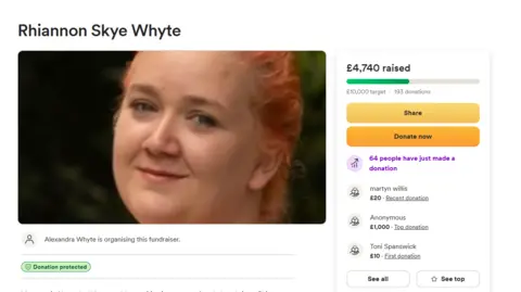 GoFundMe A screengrab of the GoFundMe page. It shows £4,740 raised for Rhiannon Skye Whyte and has a picture of her.