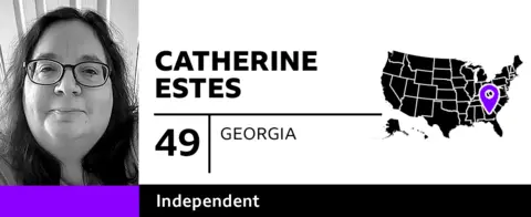 The graphic features a photo of Catherine Estes, 49, from Georgia