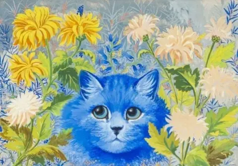 Rogers Jones Auctioneers Louis Wain's painting of a bright blue cat, its head poking through yellow flowers with green leafy stems
