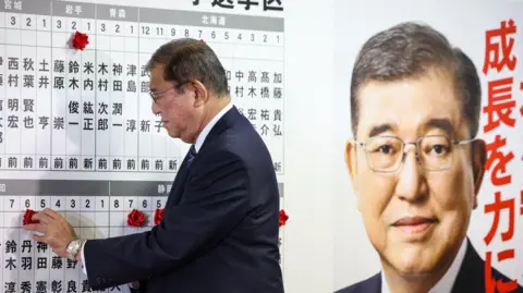 EPA Japan's Prime Minister Shigeru Ishiba, wearing a dark suit, places a pin above the name of a candidate on a board with names in Japanese and numbers at the Liberal Democratic Party's headquarters on Sunday. He stands beside a poster with a picture of his face