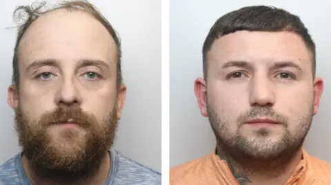 National Crime Agency Two mugshots of Daniel Fitzgerald and Ryan Pilling. Fitzgerald is on the left with thin, messy brown hair and a brown beard and is looking into the camera with a straight face. Pilling has short, brown hair and is wearing an orange top.