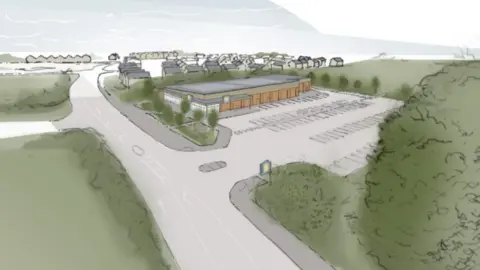 An artist's impression of the new store. It shows a grey road, with a wide turning into a car park and a brown building. There is lots of greenery around the edge.
